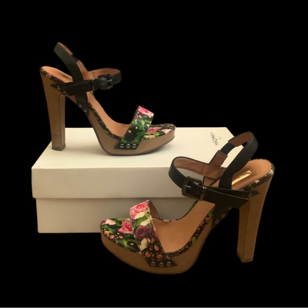 Halogen Floral Print Leather Ankle Strap Platform Heels